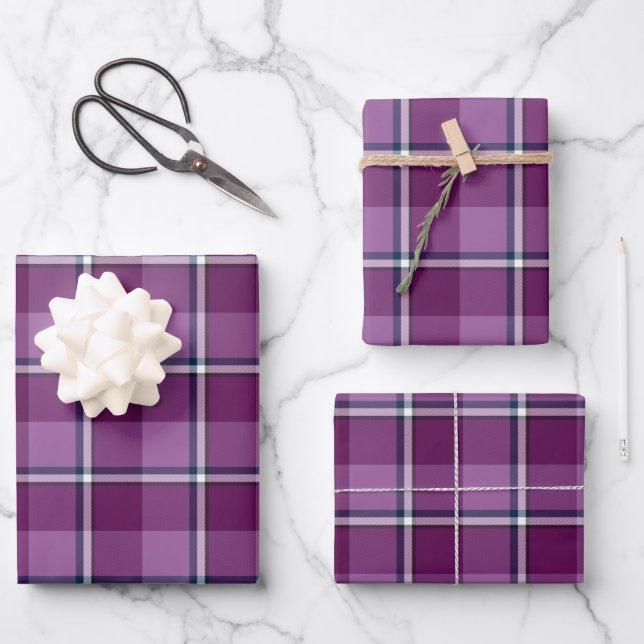 Purple and Trendy Pink Plaid Wrapping Paper Sheets (Front)