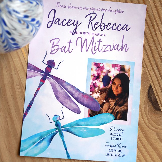 Purple and Turquoise Dragonfly Bat Mitzvah Invitation (Purple and turquoise whimsical dragonflies bat mitzvah invitation with photo)