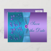 Purple and Turquoise Floral Save the Date Announcement Postcard (Front/Back)