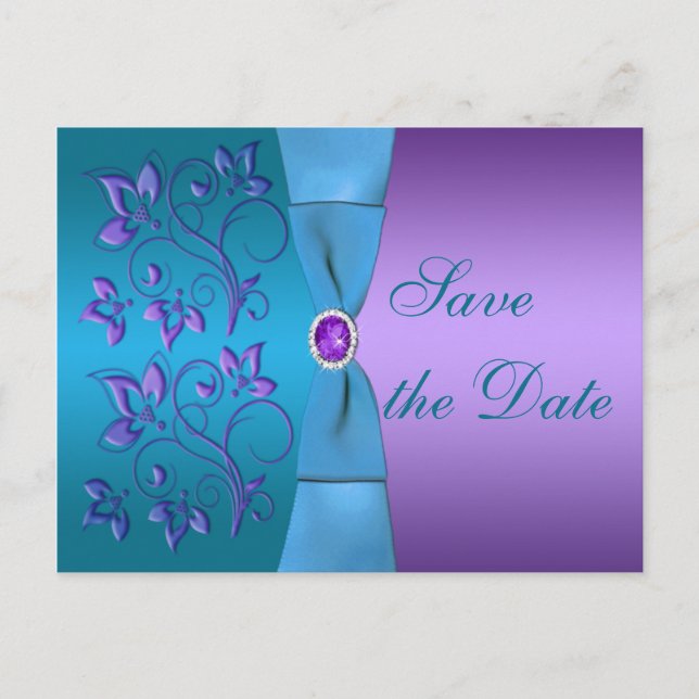 Purple and Turquoise Floral Save the Date Announcement Postcard (Front)