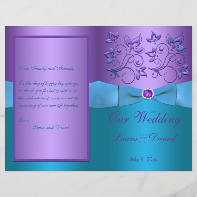 Purple and Turquoise Floral Wedding Program (Front)
