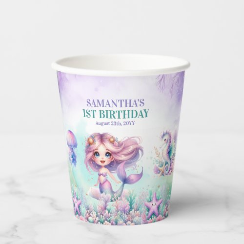 Purple and turquoise mermaid girl 1th birthday paper cups