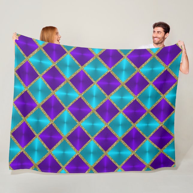 Purple and Turquoise Metallic Looking Squares Gold Fleece Blanket (In Situ)