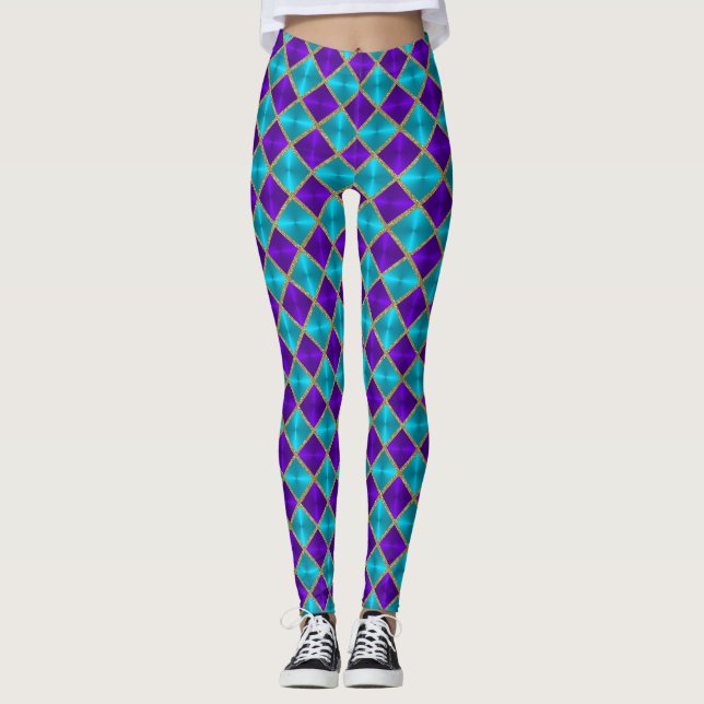 Purple and Turquoise Metallic Looking Squares Gold Leggings (Front)