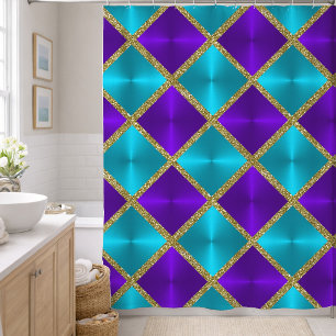 Purple and Turquoise Metallic Looking Squares Gold Shower Curtain