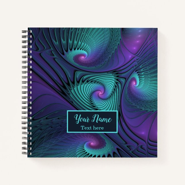 Purple and Turquoise, modern abstract Fractal Name Notebook (Front)