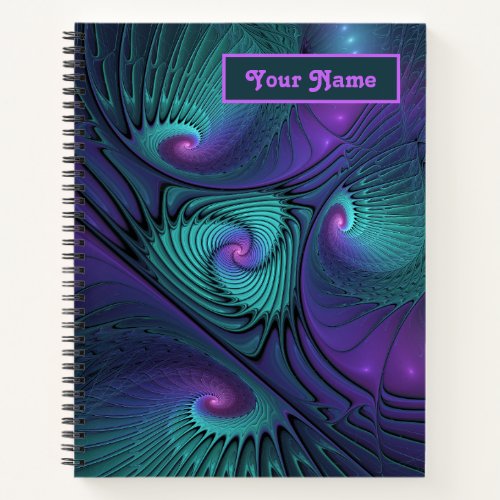 Purple and Turquoise modern abstract Fractal Name Notebook