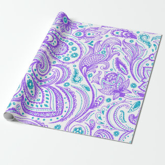Purple and turquoise paisley pattern on white wrapping paper