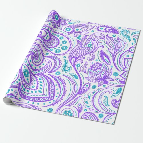 Purple and turquoise paisley pattern on white wrapping paper