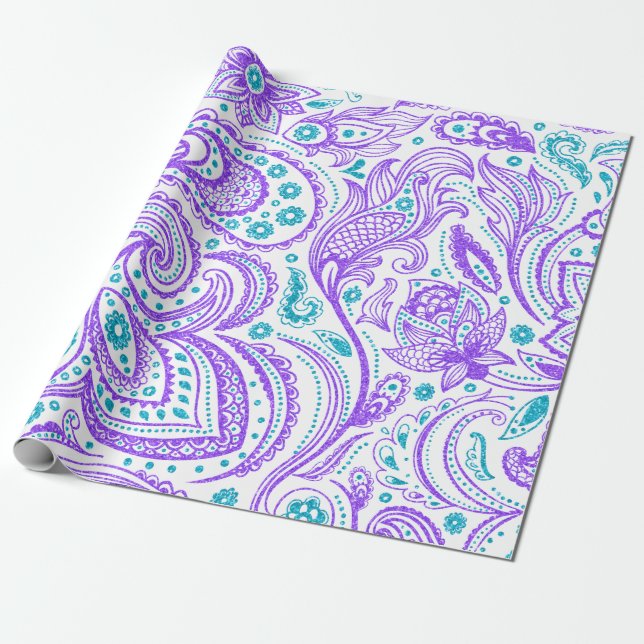 Purple and turquoise paisley pattern on white wrapping paper (Unrolled)