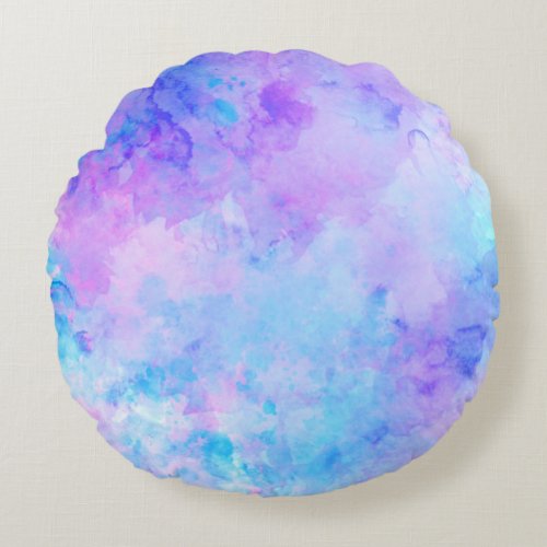 Purple and Turquoise Watercolor Splashes Round Pillow