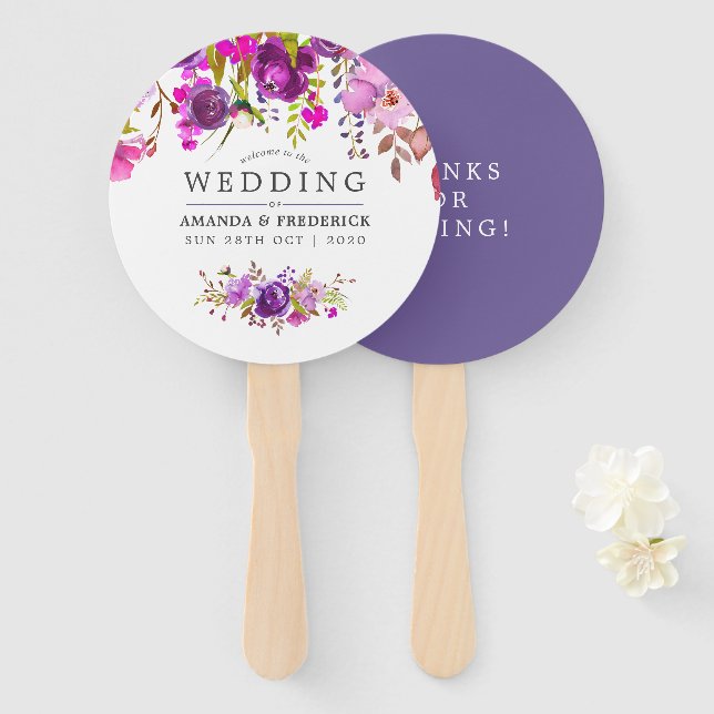 Purple and Violet Floral Wedding Favor Hand Fan (Front and Back)