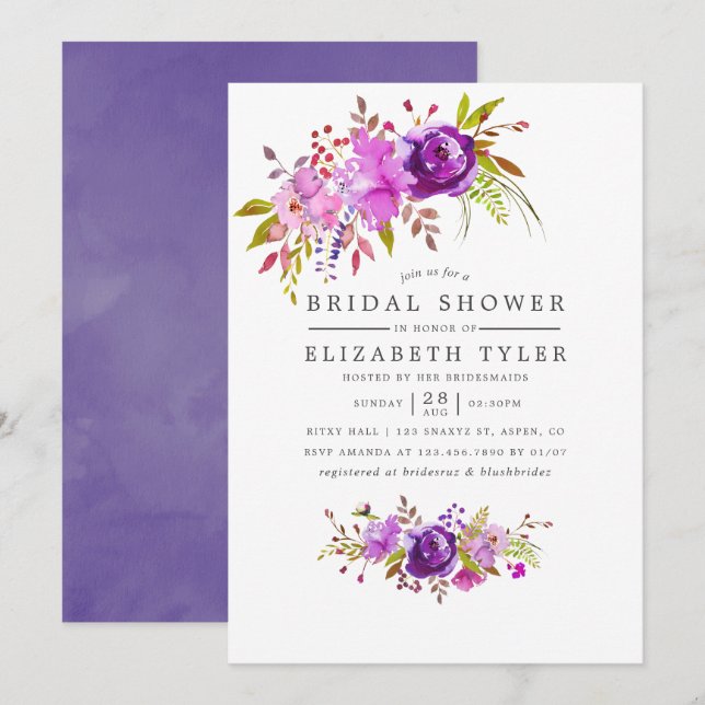 Purple and Violet Watercolor Bridal Shower Invite (Front/Back)