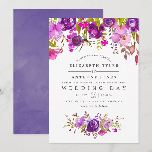 Purple and Violet Watercolor Floral Wedding Invitation (Front/Back)