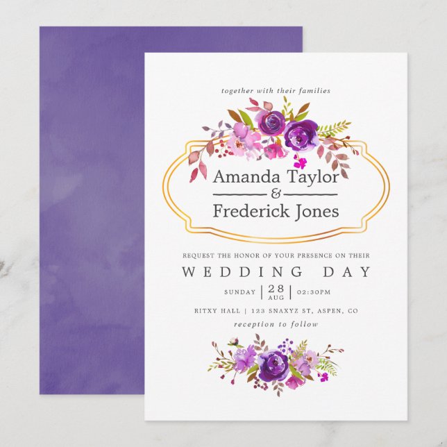 Purple and Violet Watercolor Floral Wedding Invite (Front/Back)