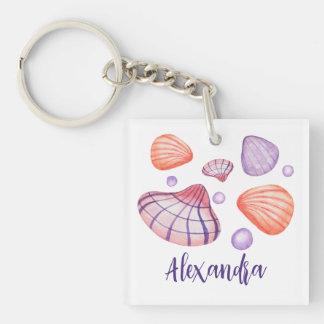 Purple and Violet Watercolor Seashells with Name Keychain