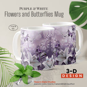 Purple and White 3-D Flowers and Butterflies Mug