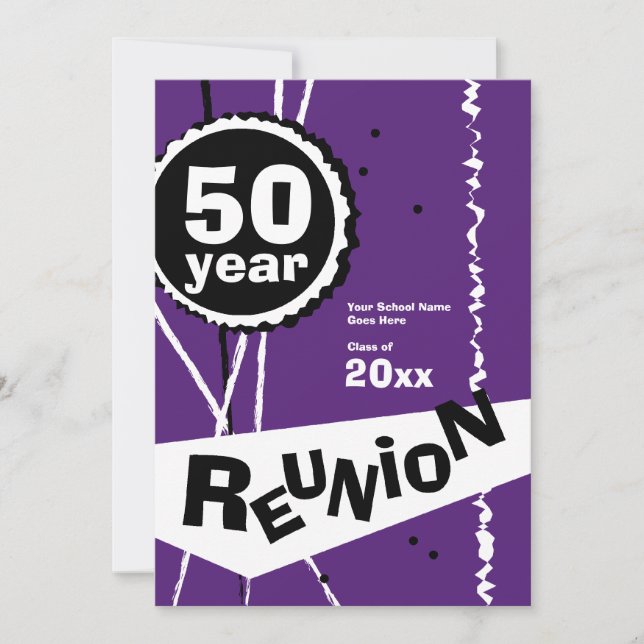 Purple and White 50 Year Class Reunion Invitation (Front)