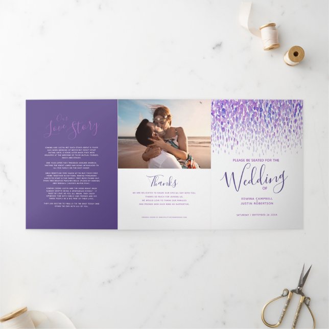 Purple and white abstract art wedding ceremony Tri-Fold program (Outside)