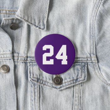 Purple And White Athlete Jersey Number Button by jenniferstuartdesign at Zazzle