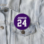 Purple and White Athlete Name Jersey Number Button<br><div class="desc">Cheer on your favorite sports team, football player or just show off your school pride with a custom personalized spirit button! Add your school name or personalize with a player's name and jersey number. Perfect for football, basketball, baseball and soccer games! Create custom pins for the whole team, cheerleaders, parents...</div>
