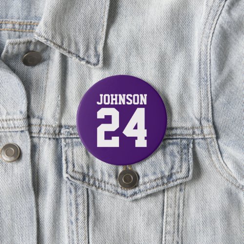 Purple and White Athlete Name Jersey Number Button