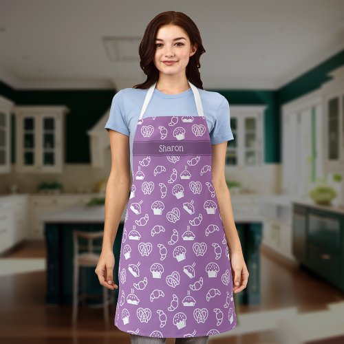 Purple and White Bakers Food With Name Apron