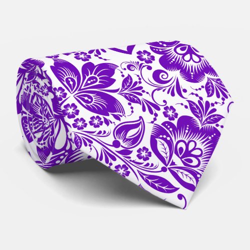 Purple And White Baroque Flowers Pattern Tie