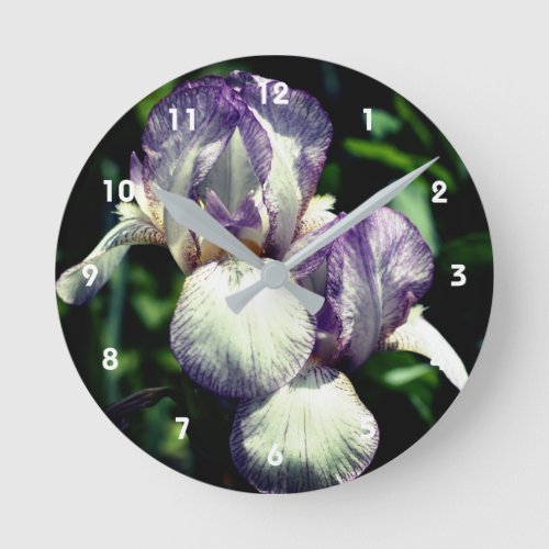 Purple And White Bearded Iris Flower Pair  Round Clock