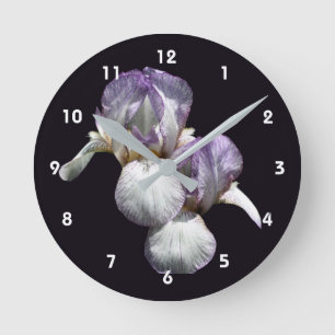 Purple And White Bearded Iris Flowers Round Clock