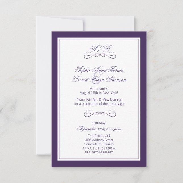 Purple and White Border Evening Wedding Reception Invitation (Front)
