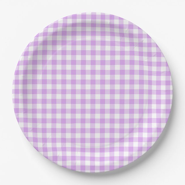 Purple and White Buffalo Checks BBQ Engagement Paper Plates (Front)