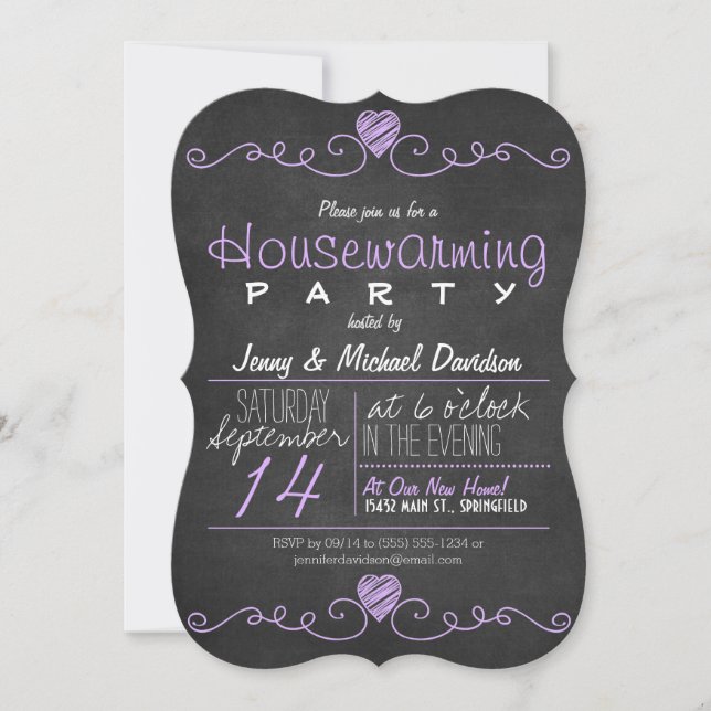 Purple and White Chalkboard Housewarming Party Invitation (Front)