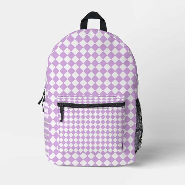 Purple and White Checker Pattern Printed Backpack (Front)