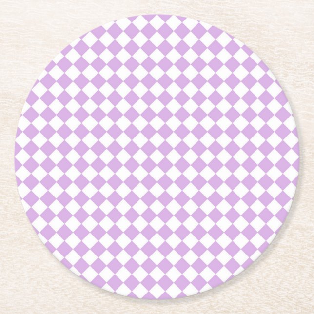 Purple and White Checker Pattern Round Paper Coaster (Front)