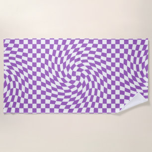 Purple and White Checkered Checkerboard Pattern Beach Towel