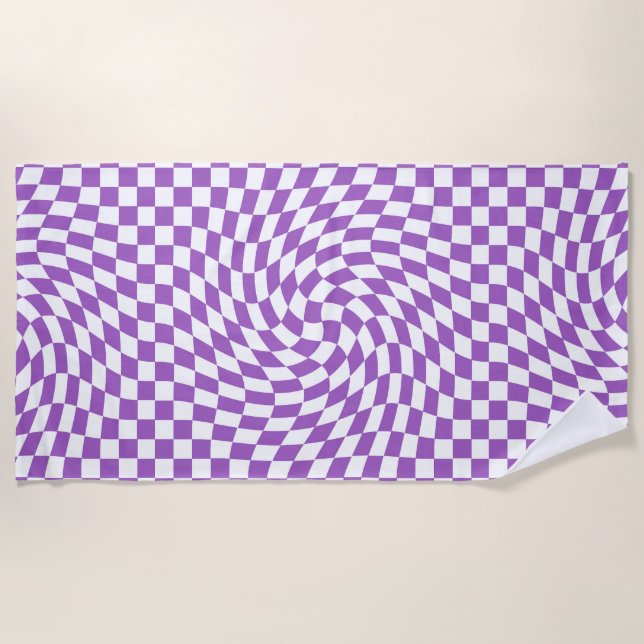 Purple and White Checkered Checkerboard Pattern  Beach Towel (Front)