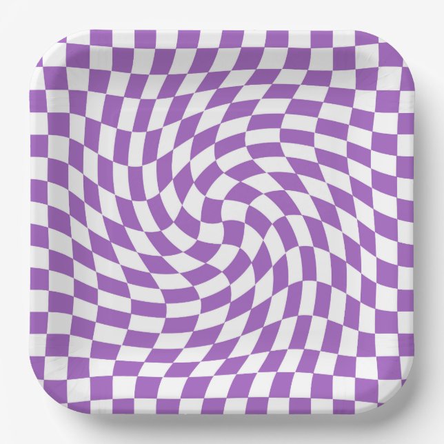 Purple and White Checkered Checkerboard Pattern Paper Plates (Front)