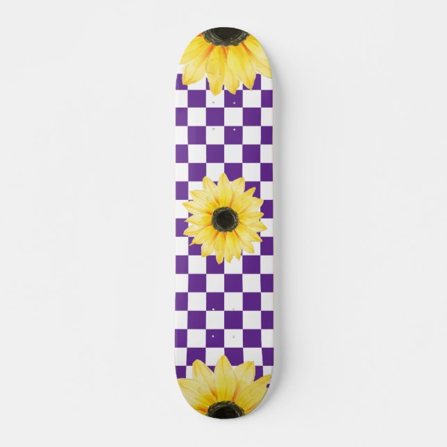 purple and white  Checkered & Sunflower Skateboard (Front)