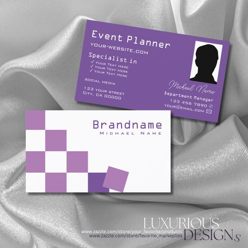 Purple and White Chessboard Modern with Photo Chic Business Card