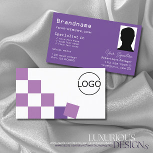 Purple and White Chessboard with Logo & Photo Cool Business Card