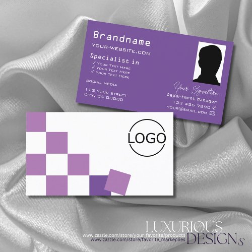 Purple and White Chessboard with Logo  Photo Cool Business Card