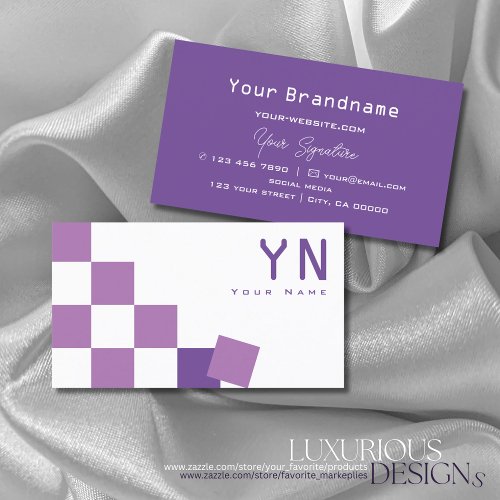 Purple and White Chessboard with Monogram Modern Business Card