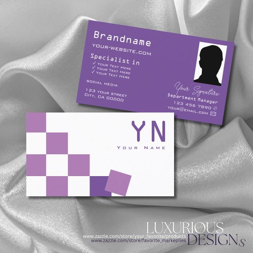 Purple and White Chessboard with Monogram  Photo Business Card