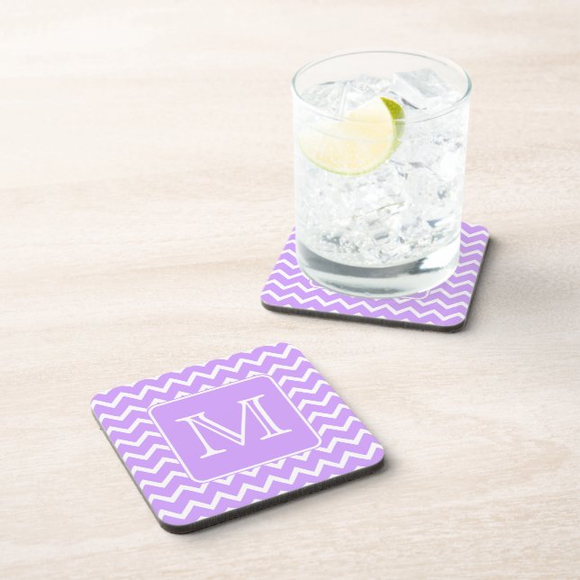 Purple and White Chevron Design. Custom Monogram. Beverage Coaster (Right Side)