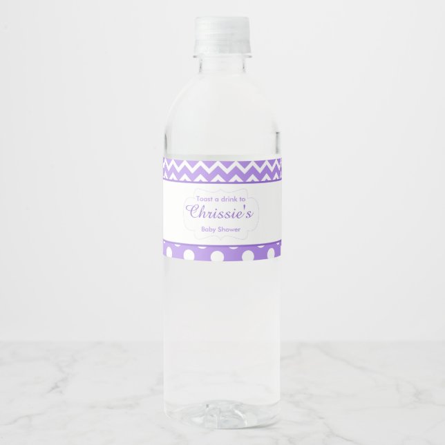 Purple and White Chevron & Polka Dot Baby Water Bottle Label (Front)