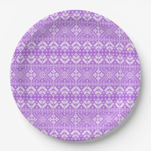 Purple and White Christmas Fair Isle Pattern Paper Plates