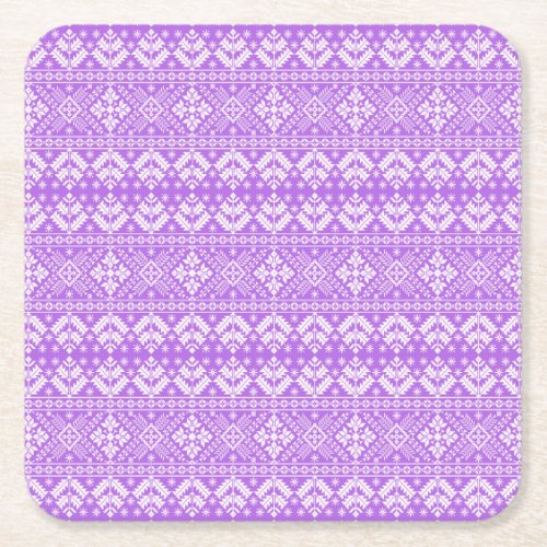 Purple and White Christmas Fair Isle Pattern Square Paper Coaster