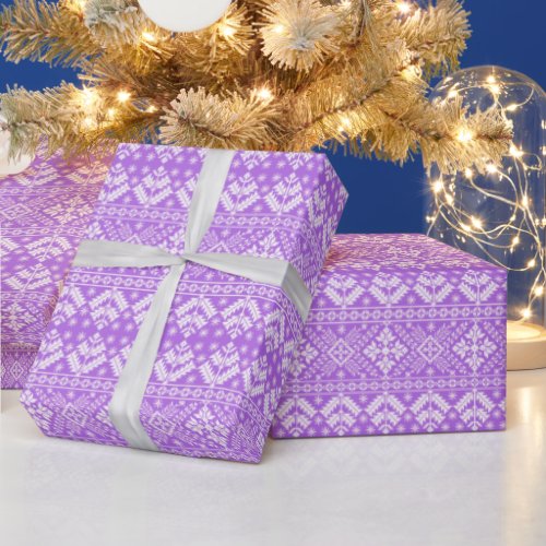Purple and White Christmas Fair Isle Pattern Wrapping Paper