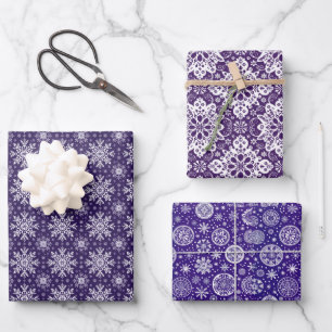 Purple and White Christmas Motif Pattern Wrapping Paper Sheets